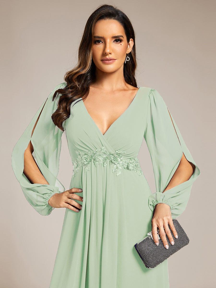 ever AMOUR|Lantern Long Slit Sleeve Deep V Applique Maxi Evening Dress