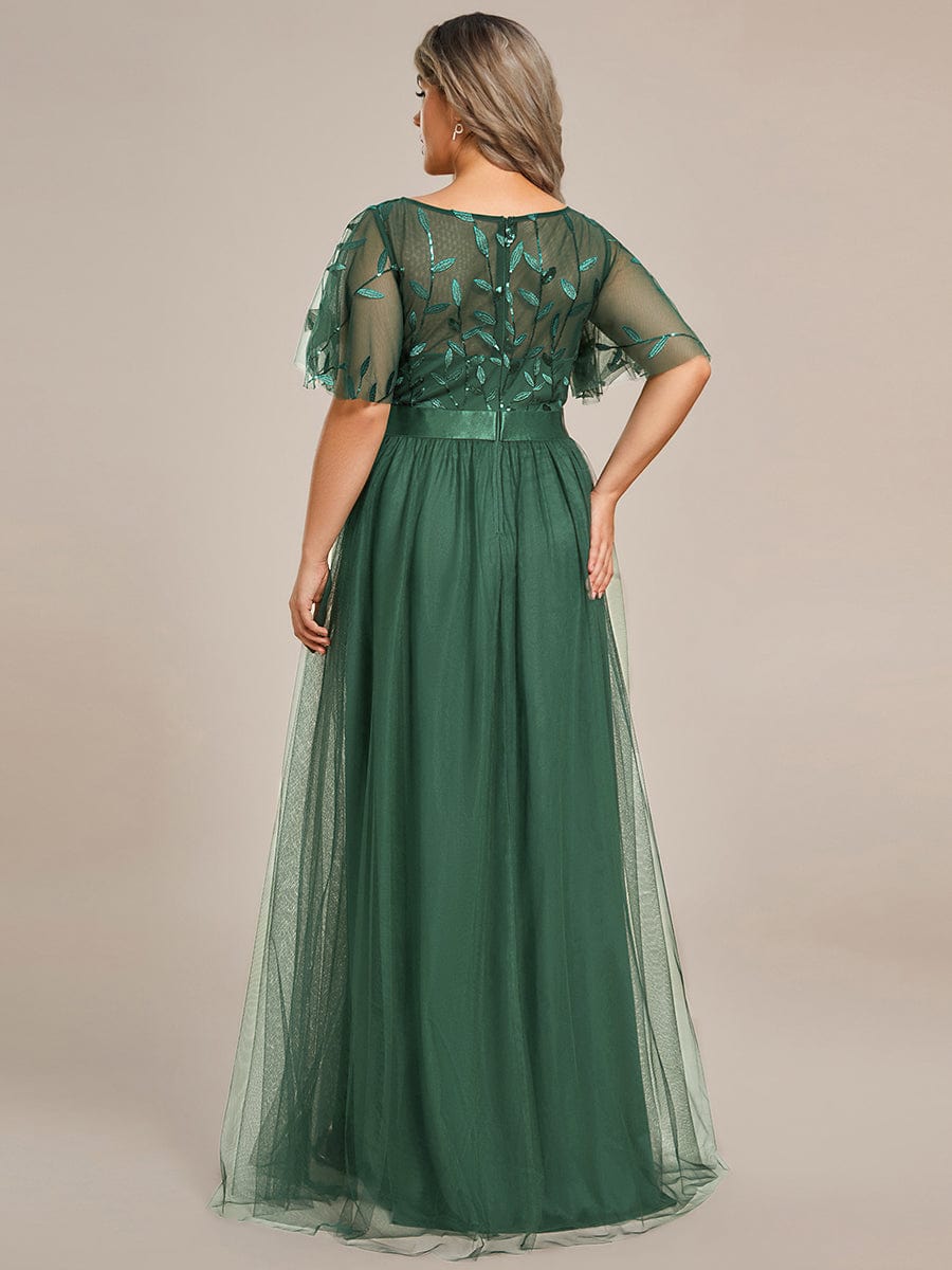Robe longue de cérémonie à manches courtes avec broderie