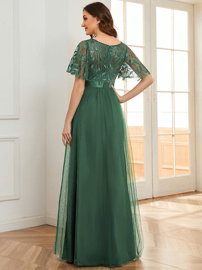 ever SAPHIR|Women's A-Line Short Sleeve Embroidery Floor Length Wedding Guest Dresses