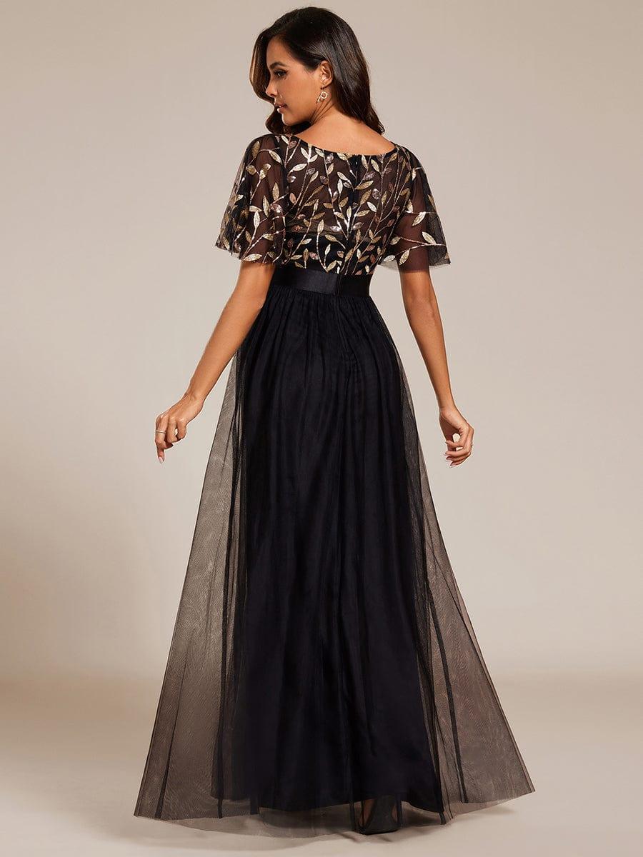 Robe longue de cérémonie à manches courtes avec broderie