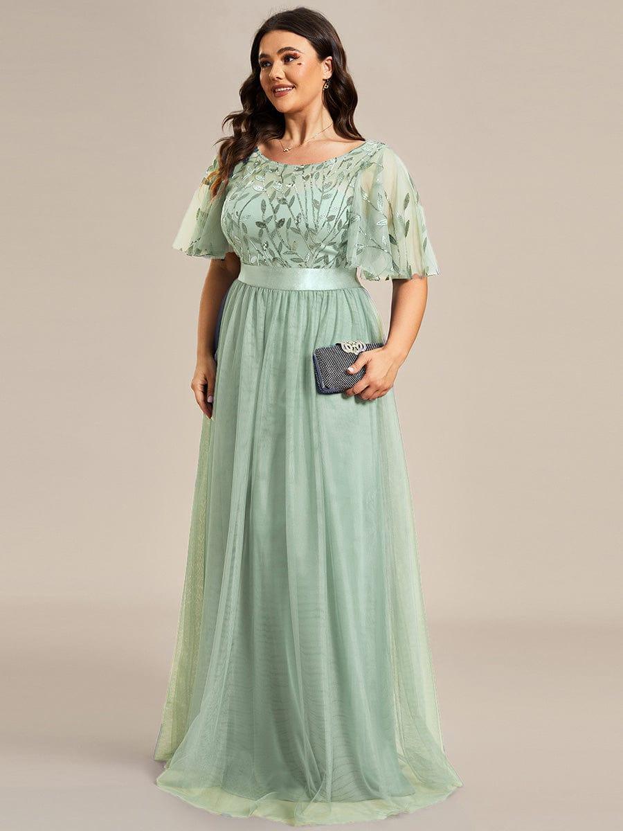 Robe longue de cérémonie à manches courtes avec broderie
