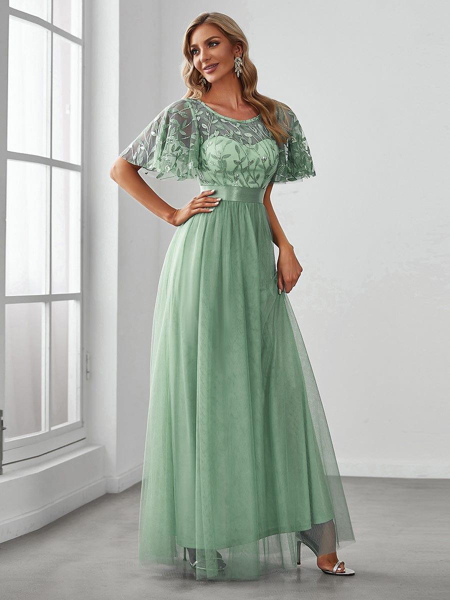 Robe longue de cérémonie à manches courtes avec broderie