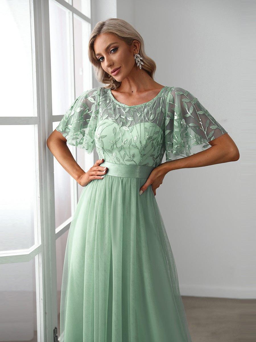 Robe longue de cérémonie à manches courtes avec broderie