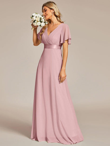 ever MONICA|Long Empire Waist Bridesmaid Dress with Short Flutter Sleeves