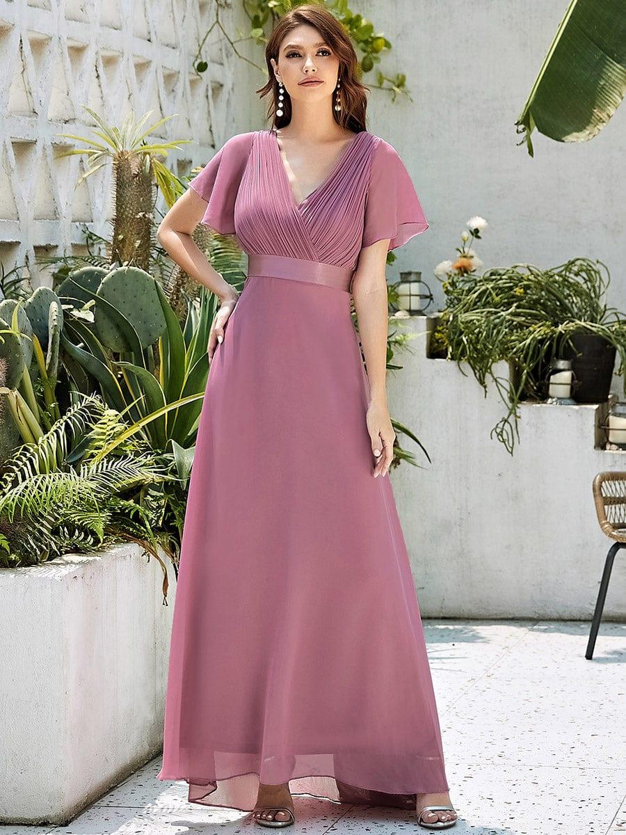 ever MONICA|Long Empire Waist Bridesmaid Dress with Short Flutter Sleeves