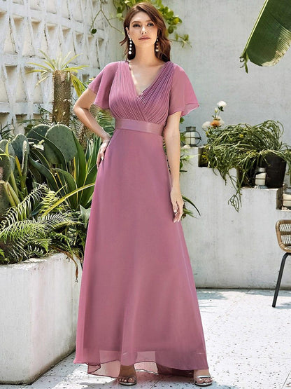 ever MONICA|Long Empire Waist Bridesmaid Dress with Short Flutter Sleeves