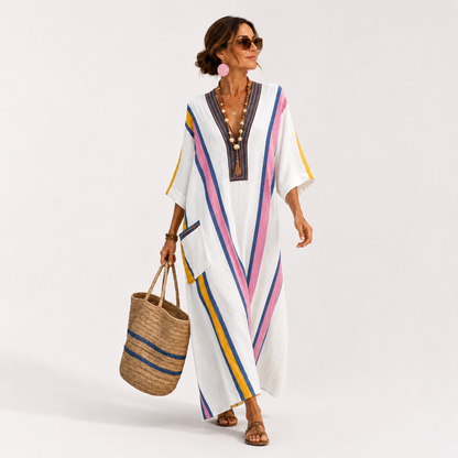 Sara | Caftan Blanc à Imprimé Multicolore