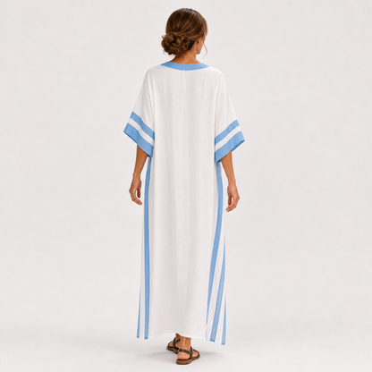 Lena | Caftan Long en Coton à Rayures Bleues
