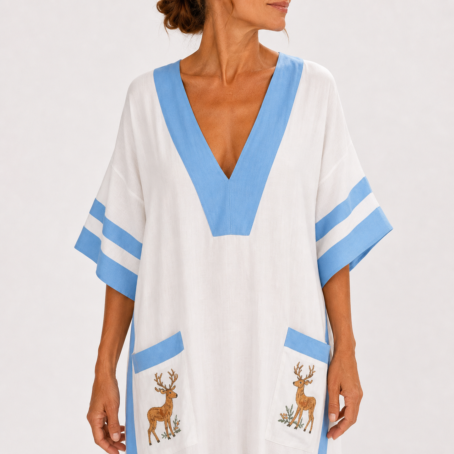 Lena | Caftan Long en Coton à Rayures Bleues