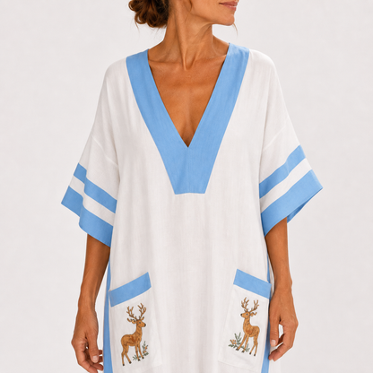 Lena | Caftan Long en Coton à Rayures Bleues