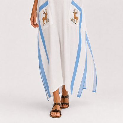 Lena | Caftan Long en Coton à Rayures Bleues