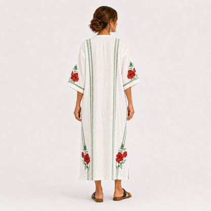 Rosa | Caftan Blanc à Imprimé Roses