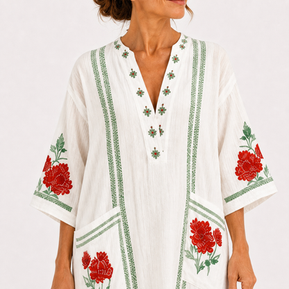 Rosa | Caftan Blanc à Imprimé Roses