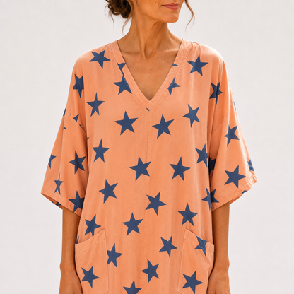 Luna | Caftan Corail Imprimé Étoiles