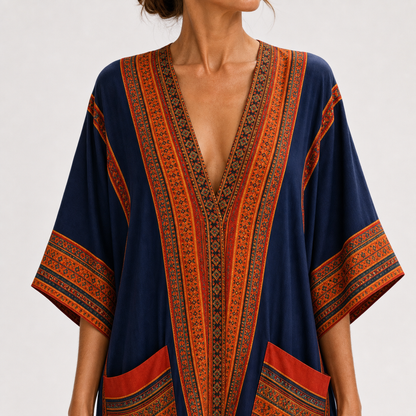 Samira | Caftan Bleu à Imprimé Ethnique