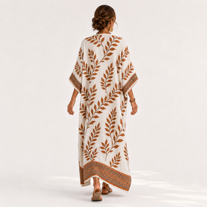 Elena | Caftan Crème à Imprimé Botanique