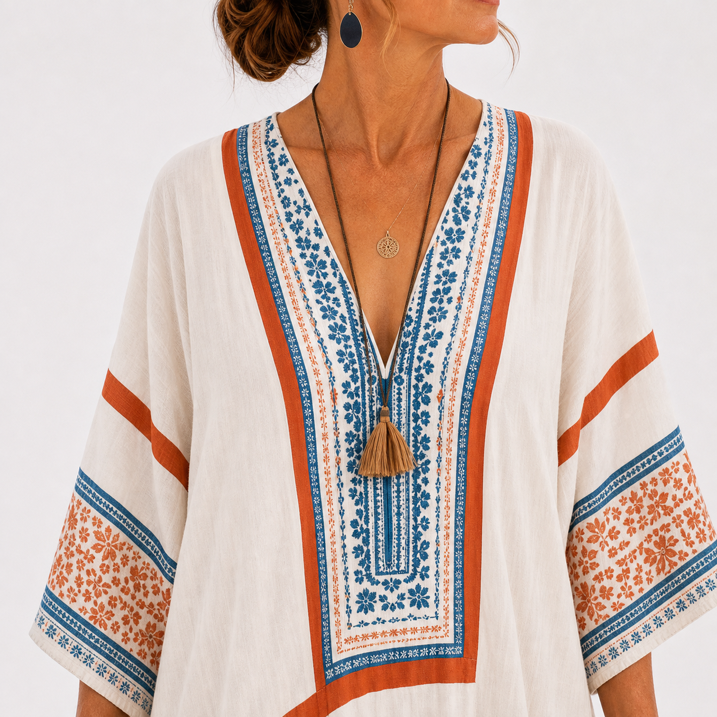 Amira | Caftan Blanc à Imprimé Ethnique