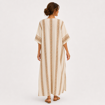 Maya | Caftan Beige à Imprimé Ethnique