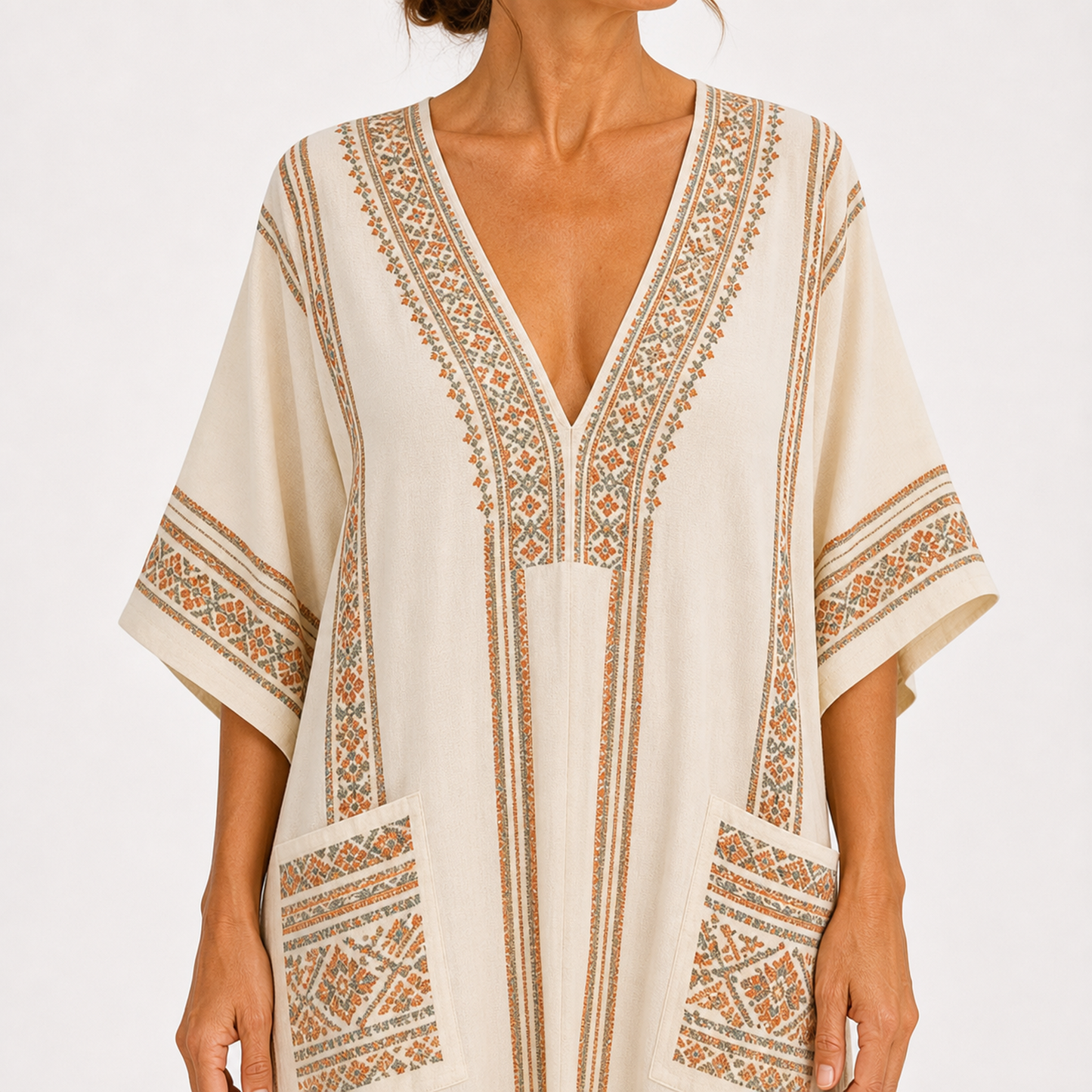 Maya | Caftan Beige à Imprimé Ethnique