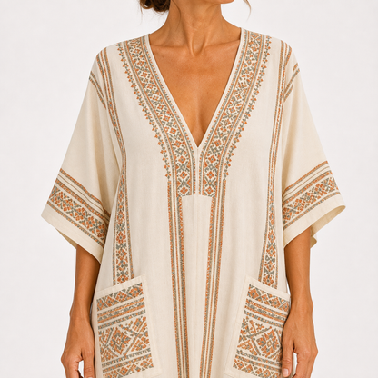Maya | Caftan Beige à Imprimé Ethnique