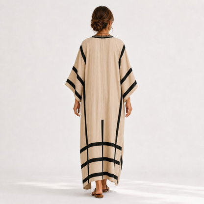 Salma | Caftan Beige à Rayures Noires