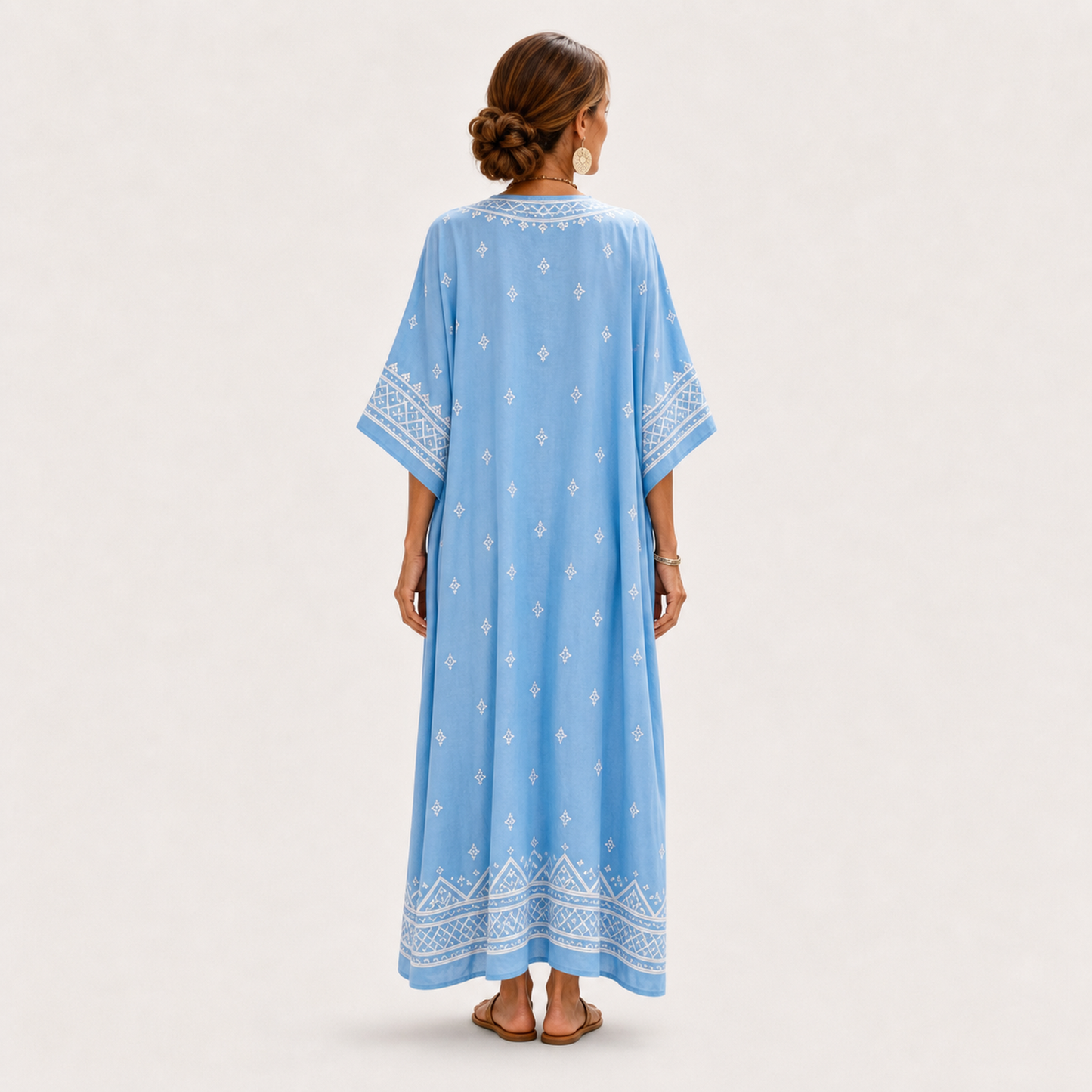 Lina | Caftan Bleu Ciel à Imprimé Ethnique