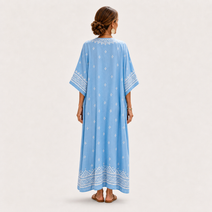 Lina | Caftan Bleu Ciel à Imprimé Ethnique