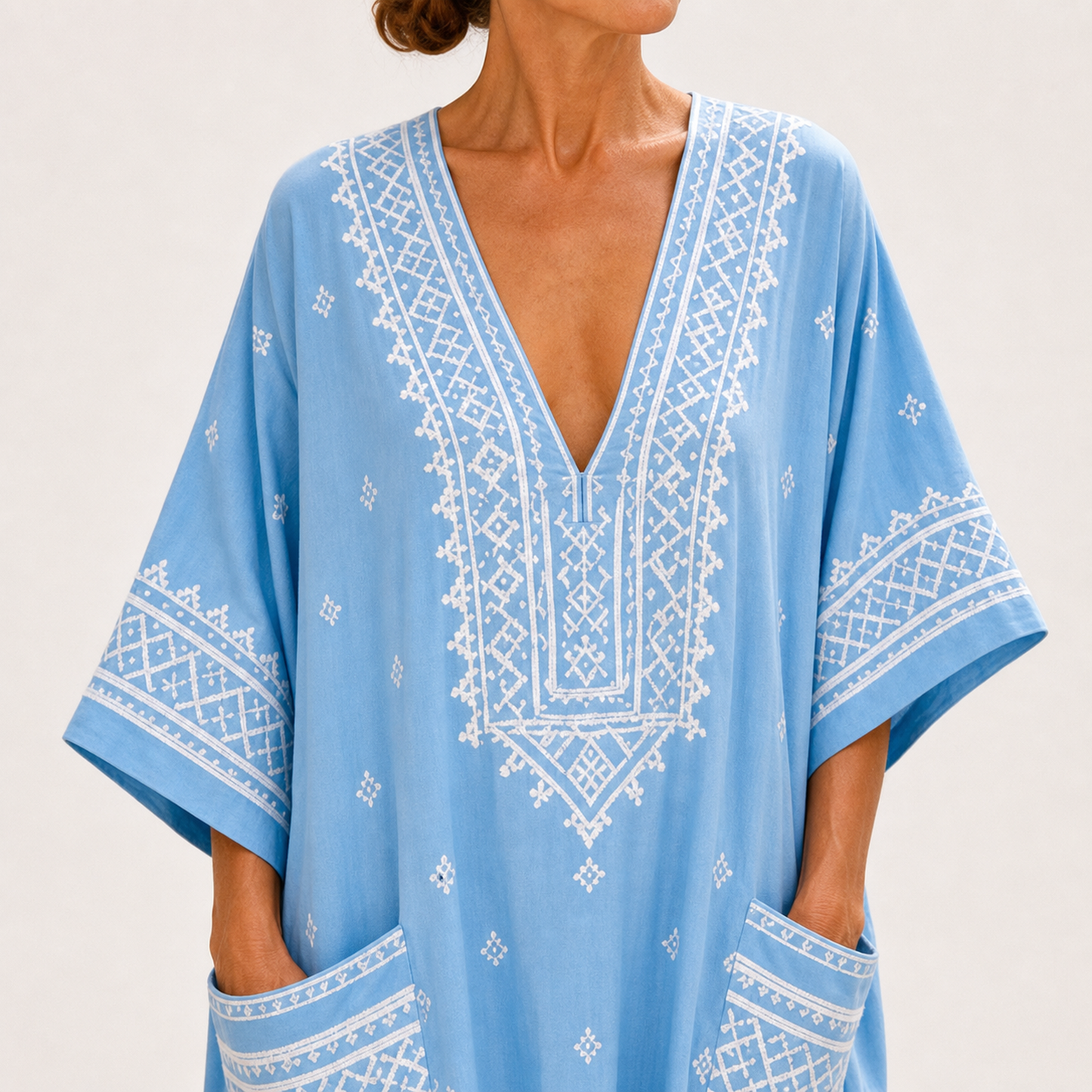 Lina | Caftan Bleu Ciel à Imprimé Ethnique