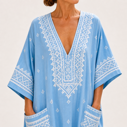 Lina | Caftan Bleu Ciel à Imprimé Ethnique