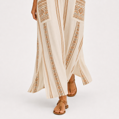 Maya | Caftan Beige à Imprimé Ethnique