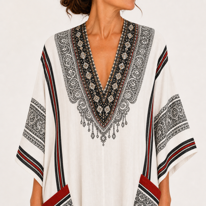 Clara | Caftan Blanc à Imprimé Ethnique