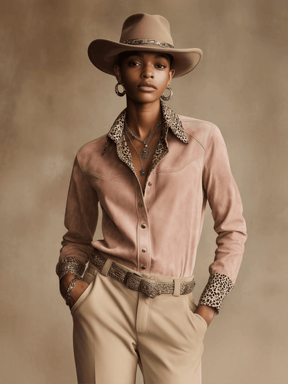 Western Retro Leopard Print Pink Faux Suede Long-Sleeve Shirt