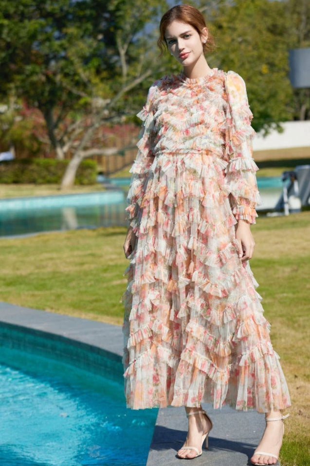 Robe Maxi en Tulle Imprimé à Froufrous Floraux