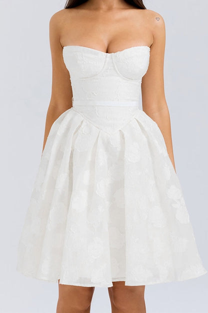 Robe Mini Brodée en Jacquard à Corsage Sans Bretelles - Révier Paris