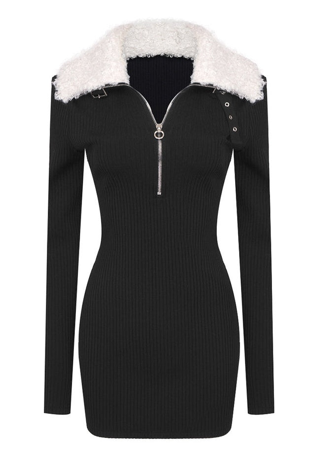 Robe Tricotée à Col Bouffant et Détails Zippés