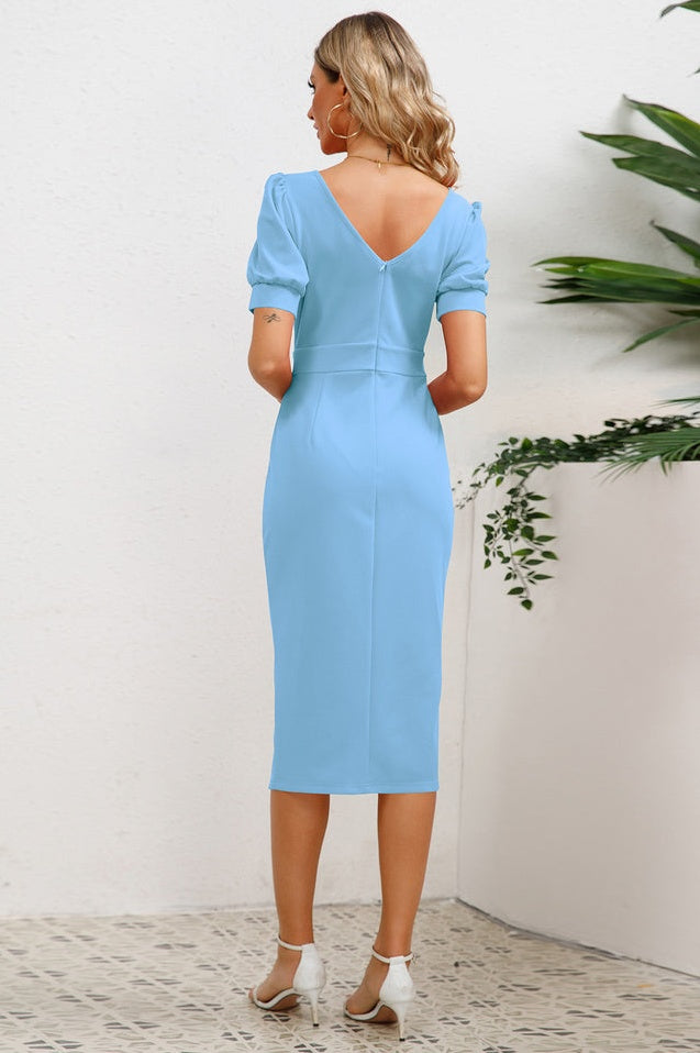 Robe Midi Bodycon à Manches Bouffantes, Volants et Fente