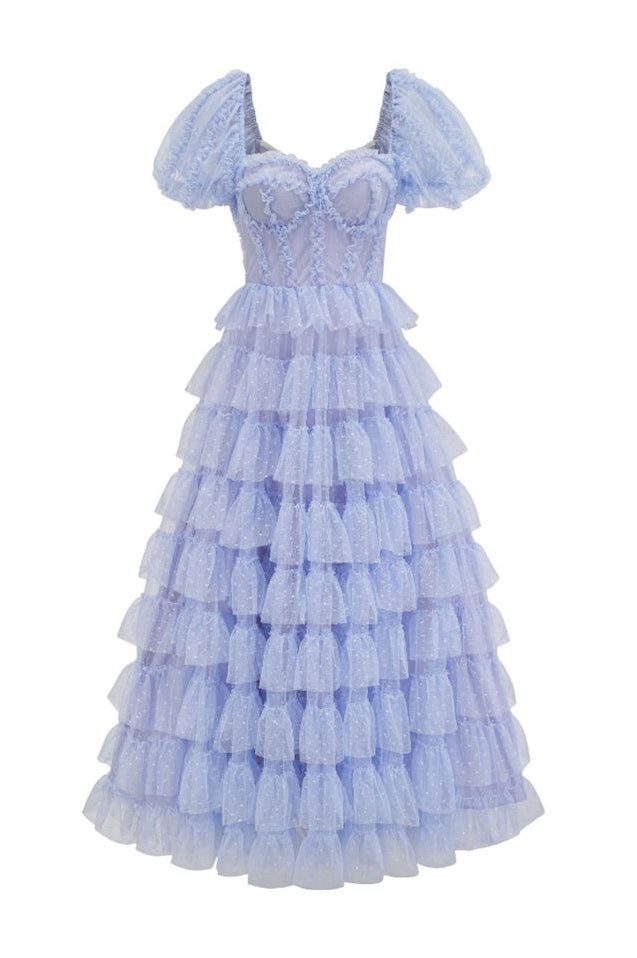 Robe de Cérémonie Évasée à Volants Décolleté Bardot