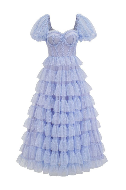Robe de Cérémonie Évasée à Volants Décolleté Bardot