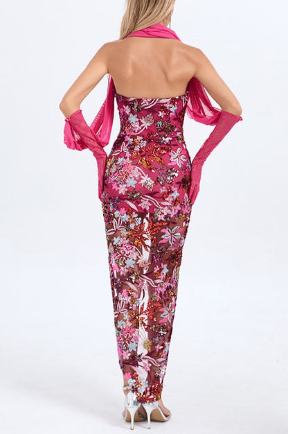 Robe Maxi Brodée de Fleurs en Sequins Buz