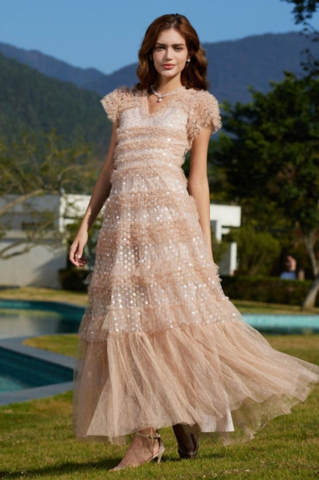 Robe Maxi en Tulle à Volants Superposés et Paillettes