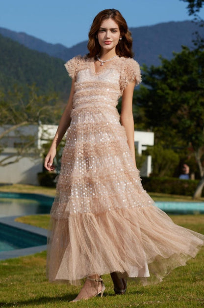 Robe Maxi en Tulle à Volants Superposés et Paillettes