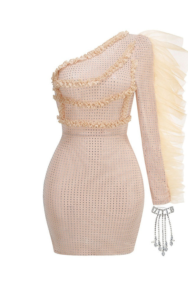 Robe de Cocktail Brodée à Épaule Dégagée avec Bracelet en Diamants