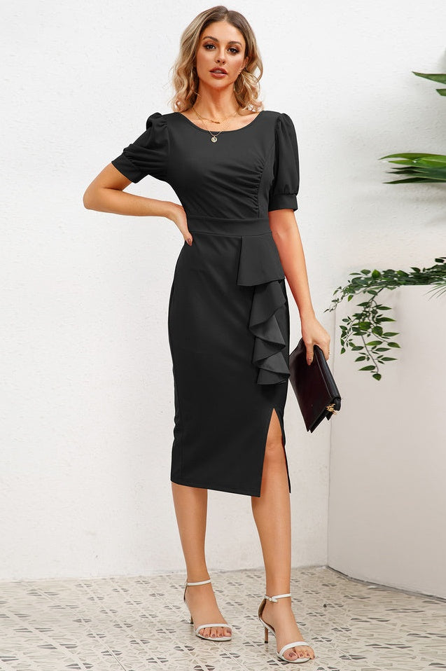 Robe Midi Bodycon à Manches Bouffantes, Volants et Fente