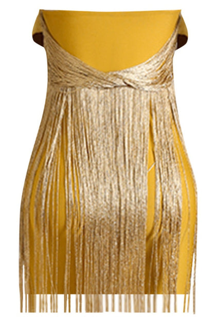 Robe en Soie Jaune à Volants avec Détails Frangés