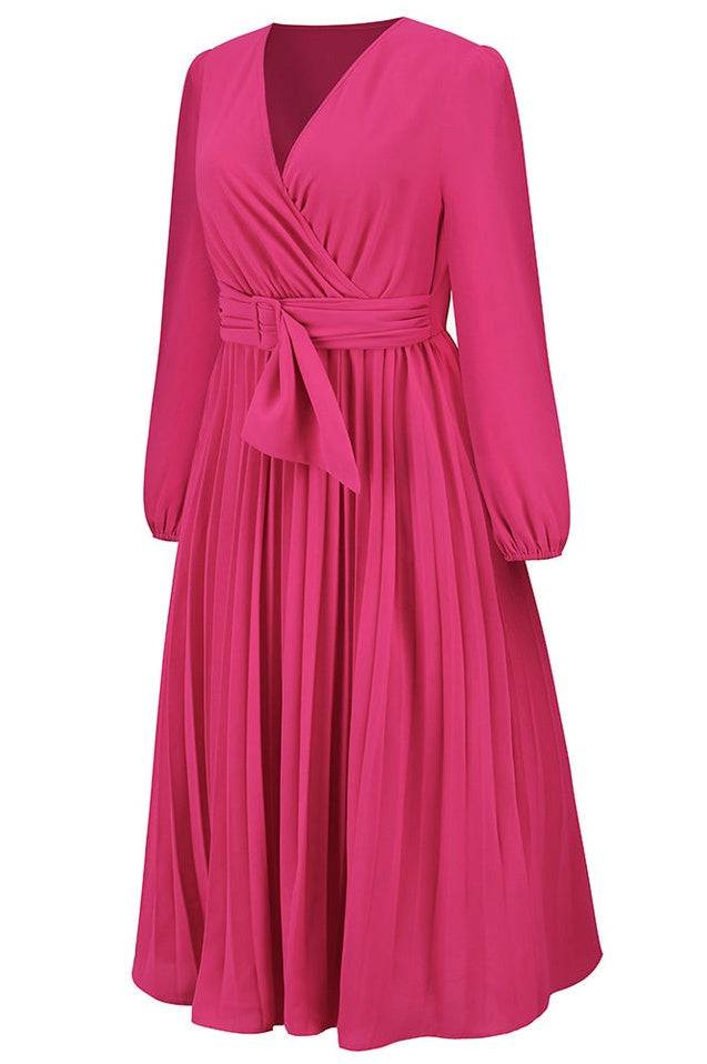 Robe V à Col en V avec Ceinture Plissée
