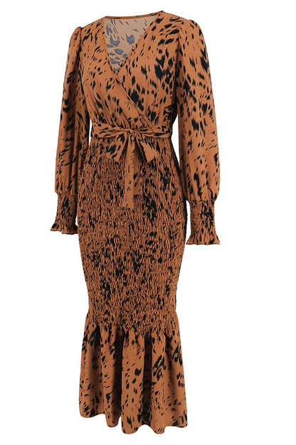 Robe Midi Smockée Imprimée à Col V