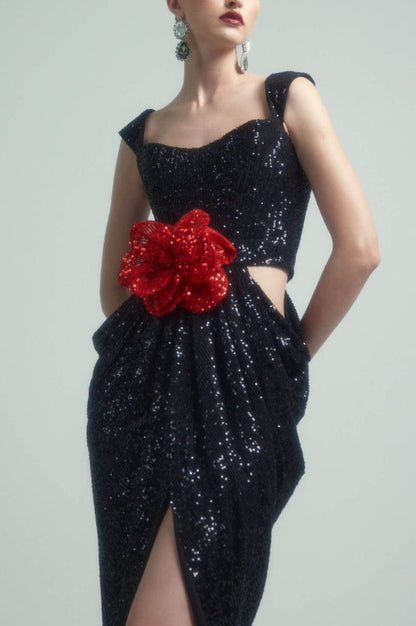Robe Maxi Brodée à Découpe Rosette en Sequin