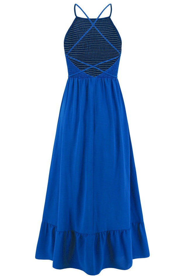 Robe de Cérémonie à Bretelles Spaghetti Croisées et Smockée