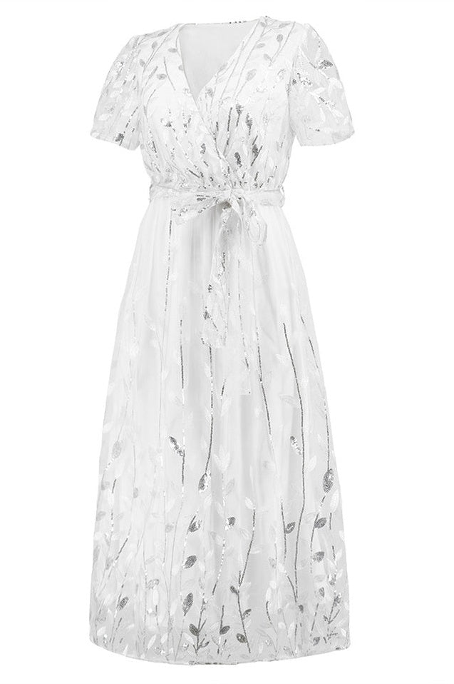 Robe Brodée de Feuilles à Sequins avec Décolleté Lié