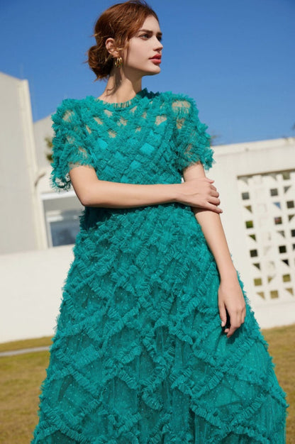 Robe Maximaliste à Volants en Tulle Taille Haute Opulente